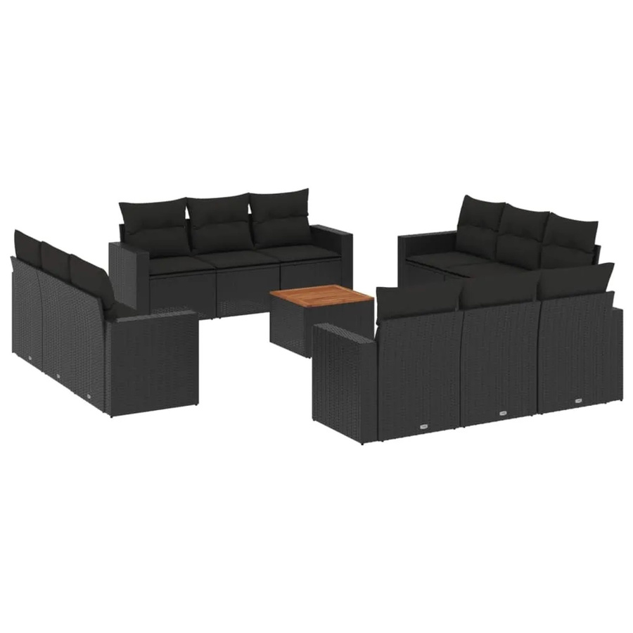 vidaXL 13-tlg. Garten-Sofagarnitur in L-Form aus Polyrattan und Akazienholz mit Kissen, Schwarz - Bild 2