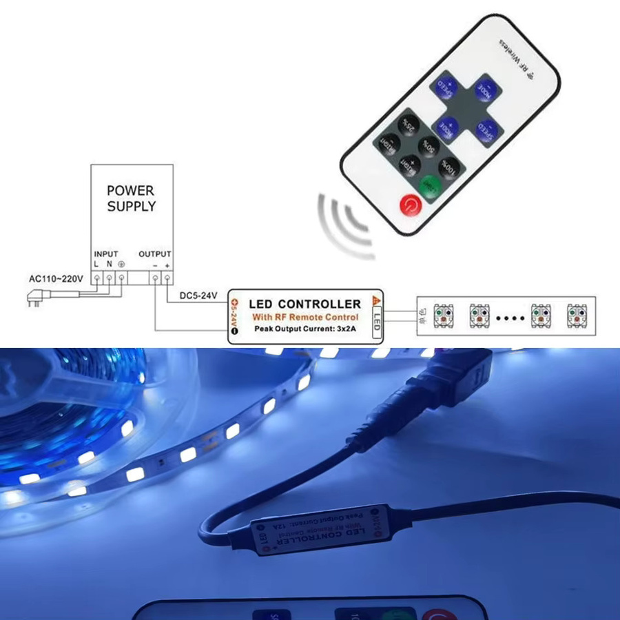 TiaoChongYi 11-Tasten Funk-RF-LED-Dimmer mit USB-Anschluss für monochromen Lichtstreifen, DC5-24V, Farbe: Weiß - Bild 2