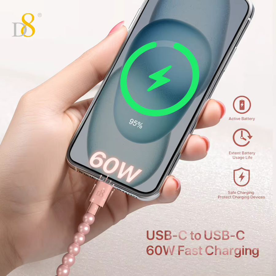 D8 USB-C zu USB-C Ladekabel 60W USB 2.0 Typ-C Schnellladekabel für iPhone 15, 15Pro, 15Plus, 15Pro in Weiß oder Pink - Bild 2