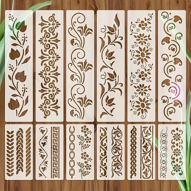 PenhuaMoban 12er Set Schablonen mit Blumen, Gras, Bäumen und Pflanzen in Weiß für DIY-Handwerk auf Holz, Wänden, Leinwand und Papier - Bild 1