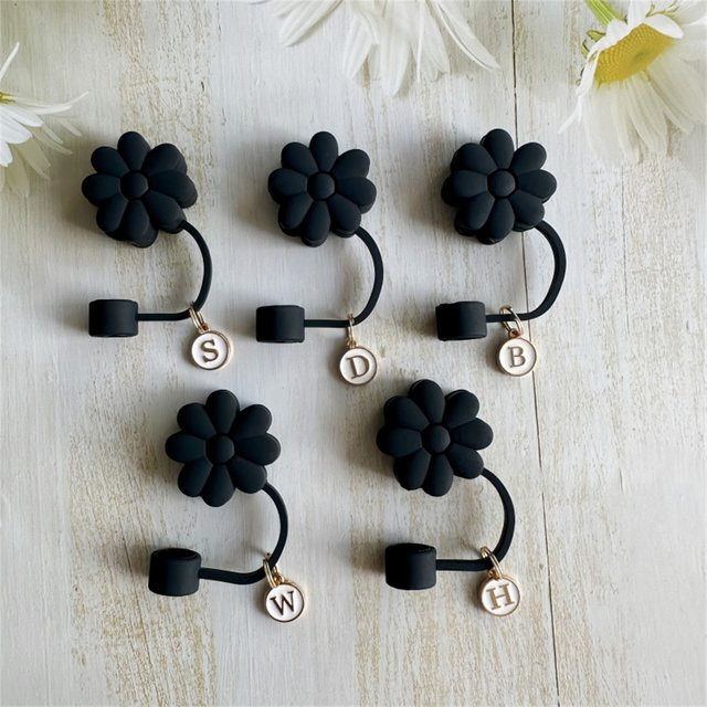 Seavidar Strohhalmverschluss aus Silikon mit Blumen-Design in Schwarz, staubdichte Strohhalm-Abdeckung für Glas- und Wasserflaschen - Bild 1