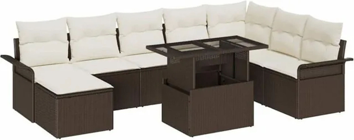 vidaxl Garten-Sofa-Set aus Rattan mit 9-teiligen Modulen, Kissen und Speicherfunktion in Braun und Creme - Bild 1