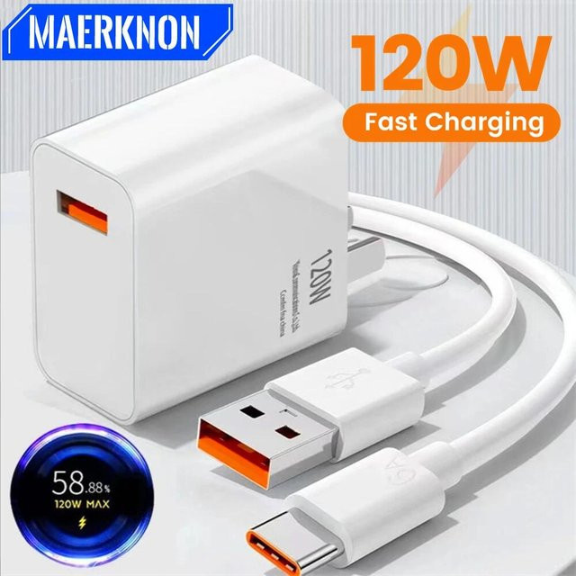 120W GaN USB-Ladegerät mit QC 3.0 und USB-C Kabel, weißer Schnellladegerät Adapter für iPhone, Samsung und Xiaomi - Bild 1