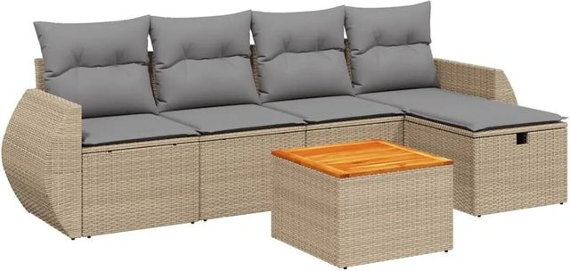 vidaXL 6-tlg Garten-Sofagarnitur in L-Form aus Poly Rattan mit Kissen in Beige und Grau - Bild 1
