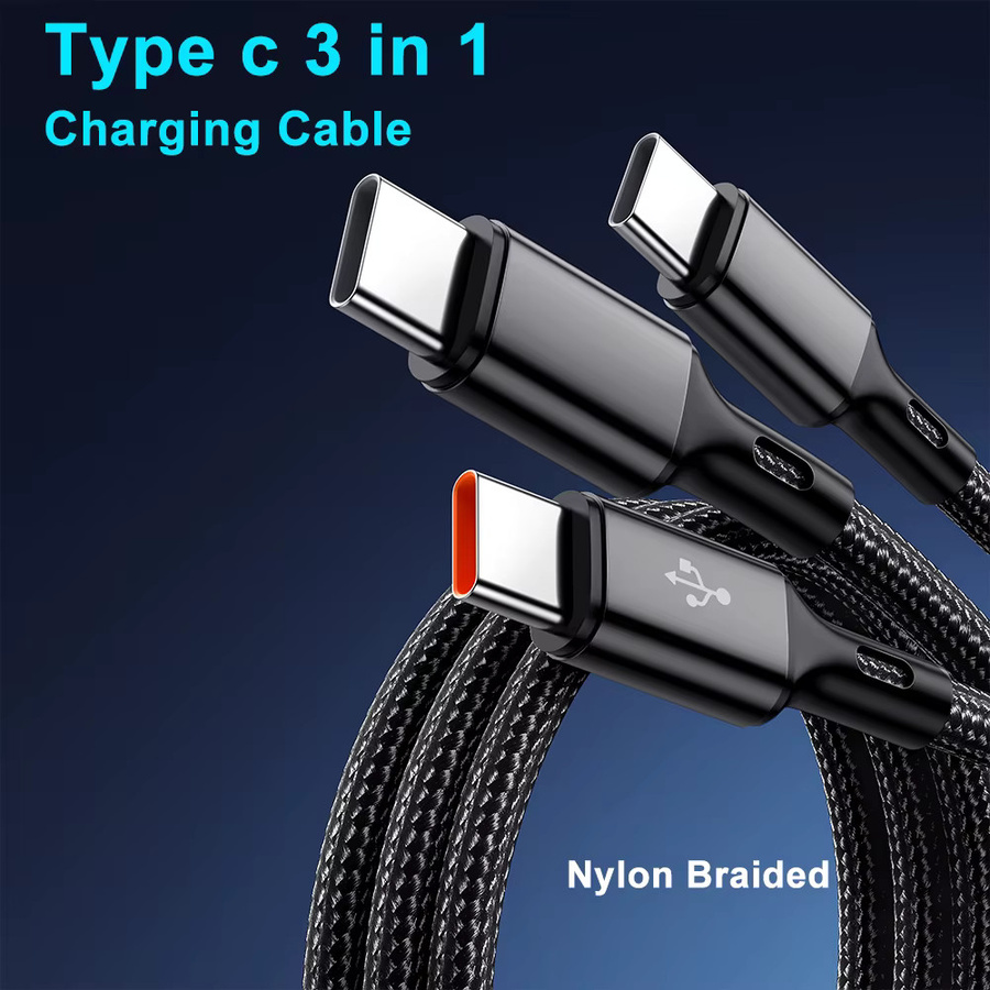 3-in-1 Schnellladekabel USB auf 3x Typ-C mit 100W Quick Charge 3.0, nylon-geflochtenes Datenkabel, Schwarz - Bild 2
