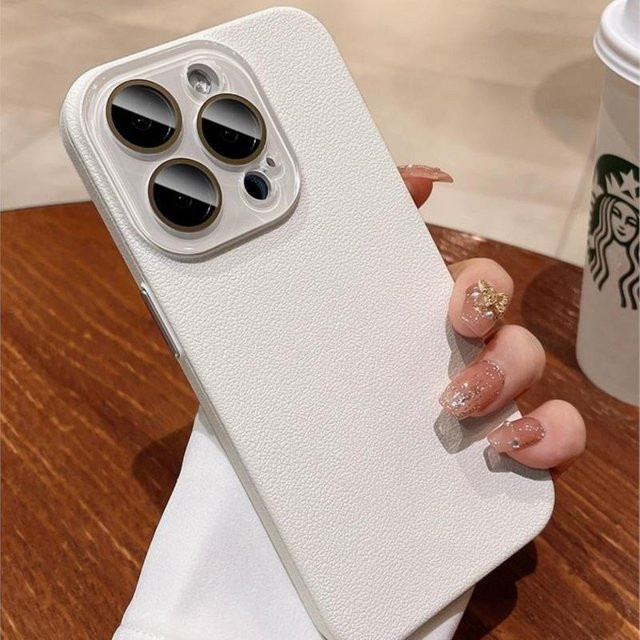 Stoßfeste Silikonhülle mit Ledertextur und Glass Kameraschutz für Apple iPhone 13 Pro, Farbe: Weiß - Bild 1