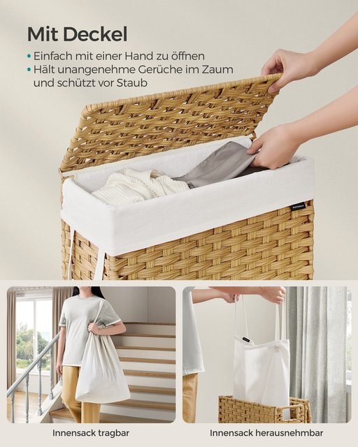 Songmics Wäschekorb mit Deckel und Griffen, faltbar, beige/gelb, 55 l, B/T/H: 46 x 61 x 55 cm - Bild 1