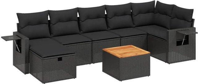 vidaXL 8-tlg Garten-Sofagarnitur aus Poly-Rattan und Akazienholz in Schwarz mit Kissen - Bild 1