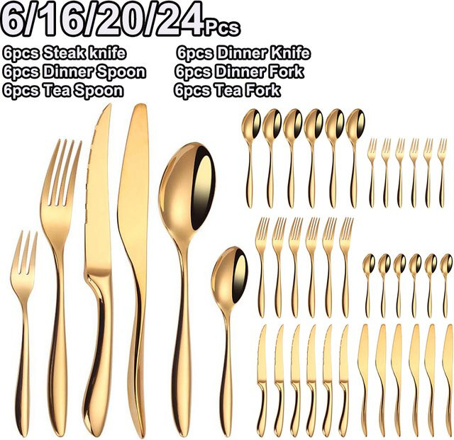 TD HOME Besteckset aus Edelstahl 304 in Gold, poliert, bestehend aus Messern, Gabeln, Löffeln und Teelöffeln - Bild 1