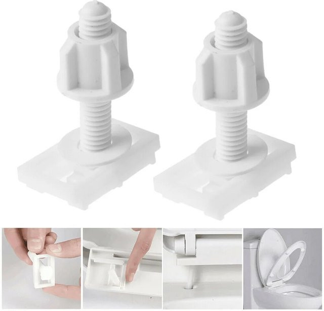 Universelles Reparatur-Set für Toilettensitzscharniere aus weißem Kunststoff mit Befestigungsschrauben und Unterlegscheiben aus Nylon - Bild 1