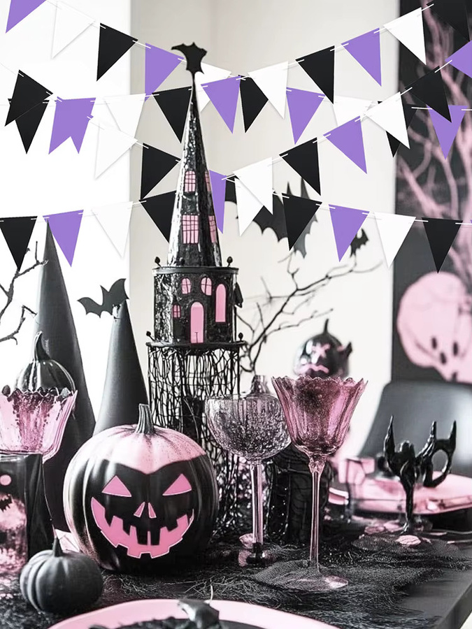 VRISE Wimpelbanner mit geometrischem Dreiecksmuster in Lila, Schwarz und Weiß für Halloween, Geburtstag und Hochzeiten - Bild 3