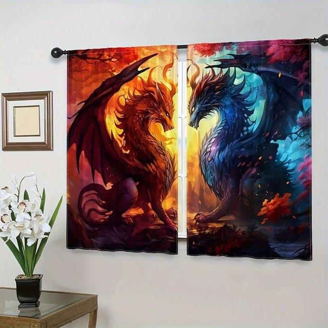 Transparente Vorhänge mit lila Drachenmuster für Schlafzimmer, Wohnbereich und Büro, 2er-Set, B: 50 cm, H: 130 cm - Bild 1