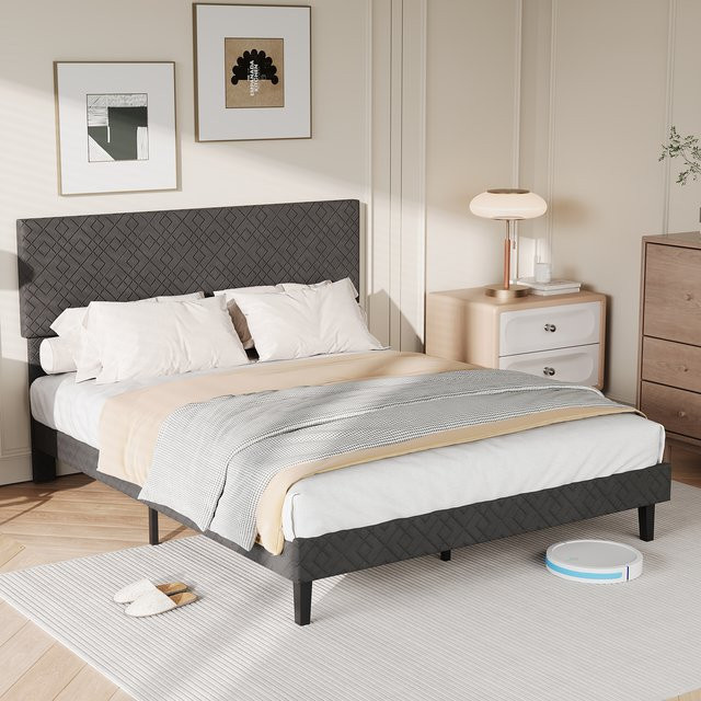 Comanlai Polsterbett Doppelbett mit Lattenrost aus Leinen, Grau, B/T/H: 140 x 200 cm - Bild 1