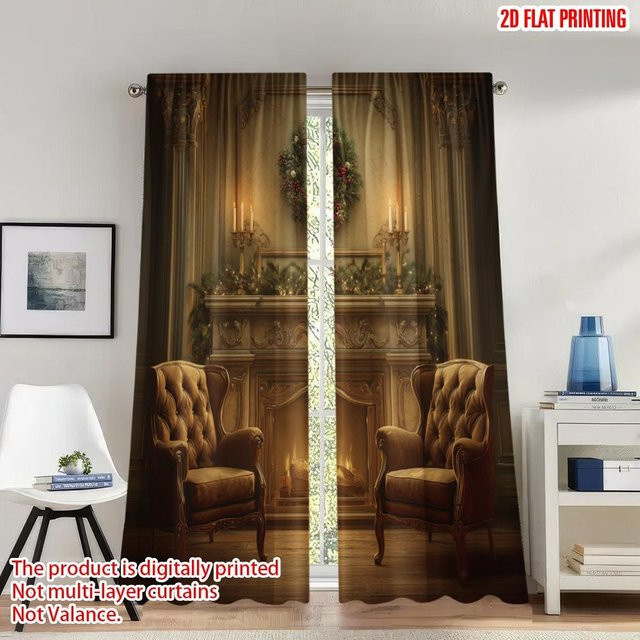 Set aus 2 Happy Christmas Party Vorhängen mit gemütlicher Kamin-Szene, digital bedruckte Polyester-Vorhänge, Breite: 100 cm, Höhe: 70 cm - Bild 1