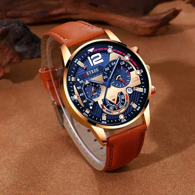 DEYROS Armbanduhr, Quarz, Leder, Blau, Gold, Herren - Bild 2