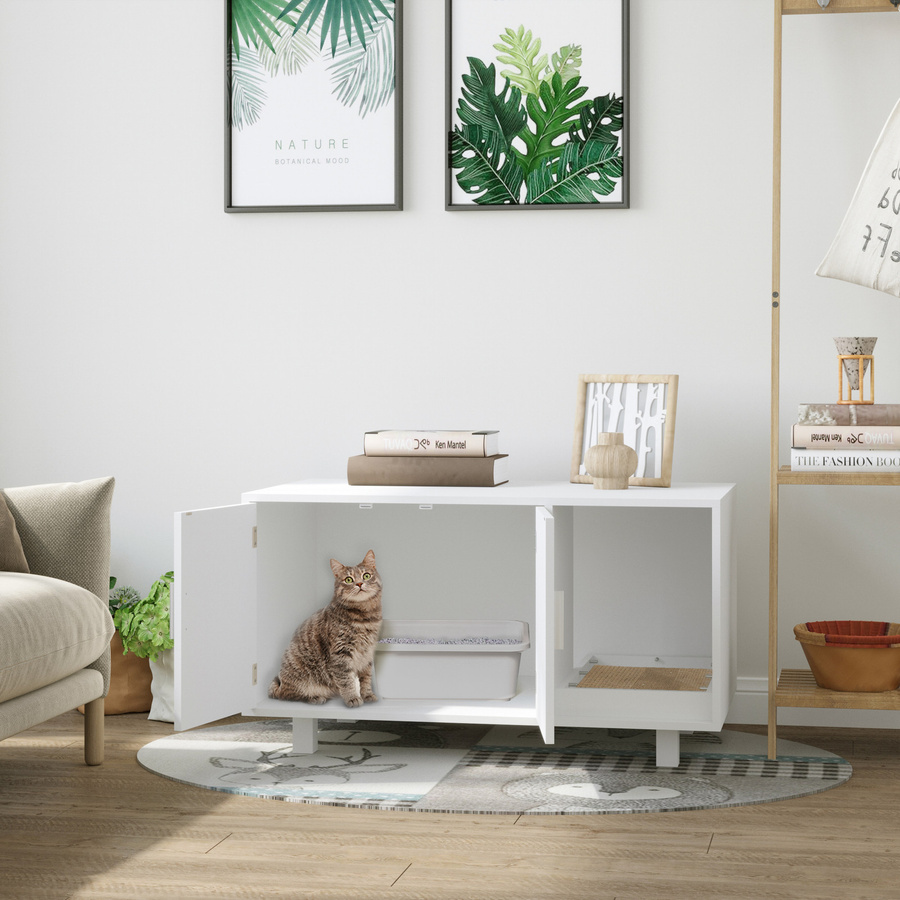 Aosom PawHut Katzenklo-Möbel als Beistelltisch mit Kratzbaumfach und 2-türigem Versteck, Weiß, B: 52 cm, T: 91 cm, H: 50,5 cm - Bild 2