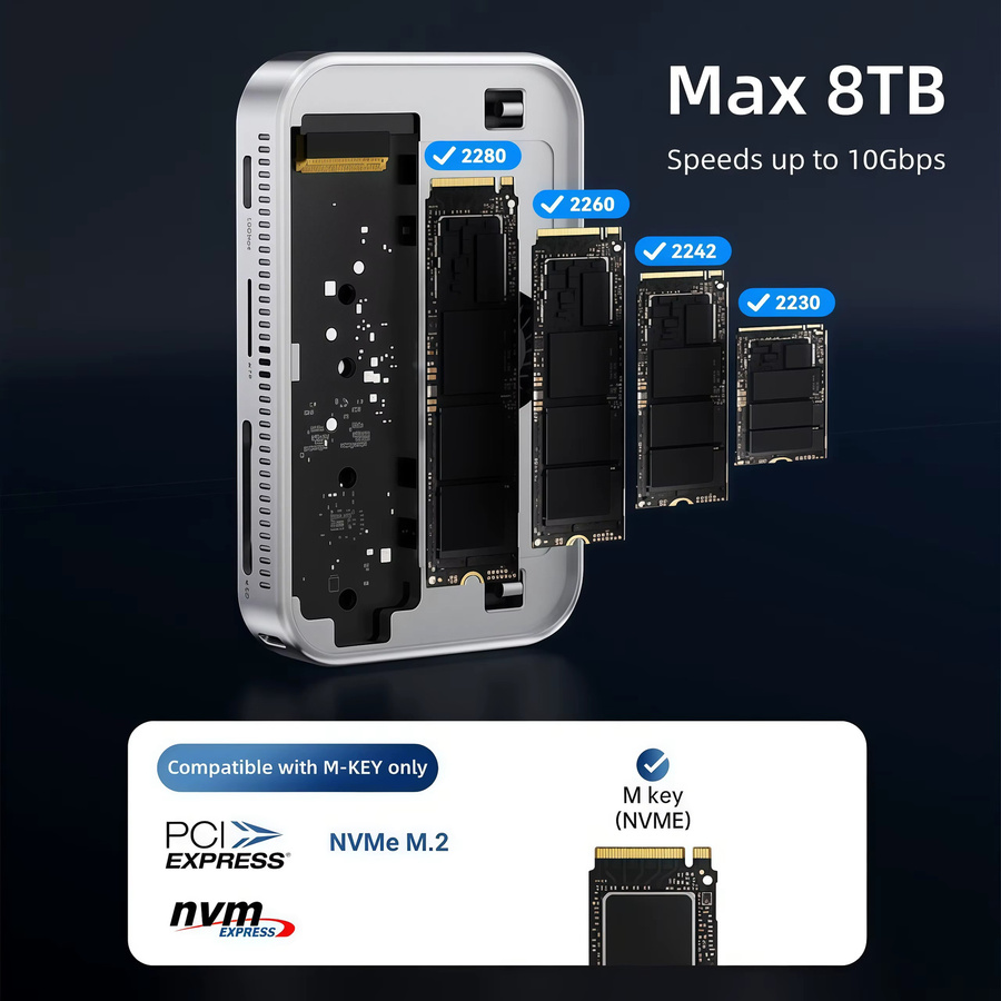 AVOXEN M.2 NVMe SSD-Gehäuse mit USB-C-Dockingstation, HDMI 4K 60 Hz, PD 100 W und SD 3.0, Silber - Bild 3