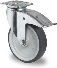 CASCOO Lenkrolle Serie P2T2 mit Totalfeststeller und Gleitlager, Durchmesser: 100 mm, verzinkter Stahl und Kunststoff, Silber/Grau - Bild 1
