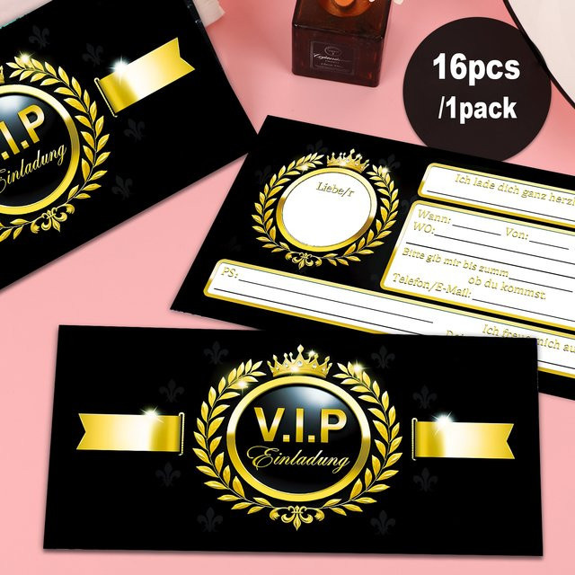 16-teiliges Set elegante VIP-Einladungskarten in Schwarz und Gold im Laurel Sickens-Design für junge Erwachsene - Bild 1