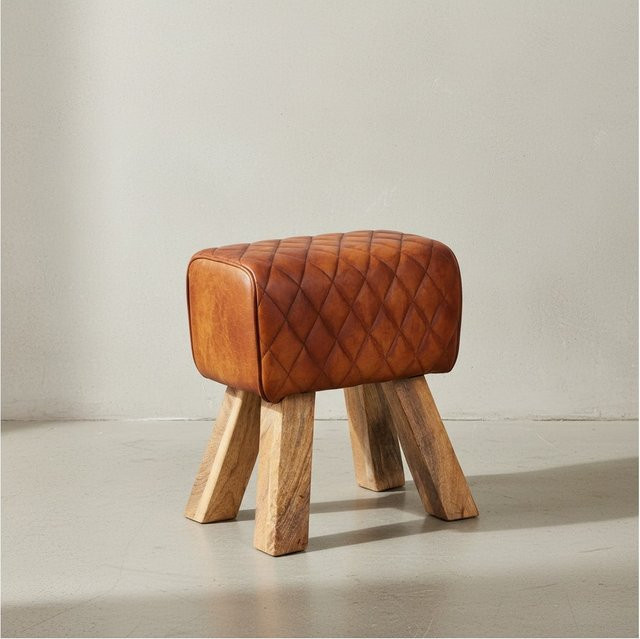 KADIMA DESIGN Sitzhocker aus Echtleder mit Rautenmuster in Braun, Massivholzgestell, B/T/H: 48 x 40 x 27 cm - Bild 1