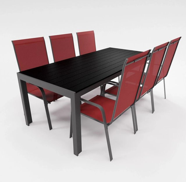 Lex Gartenmöbel Set 7-teilig mit Aluminium Tisch und 6 Stapelsesseln in Burgundrot - Bild 1