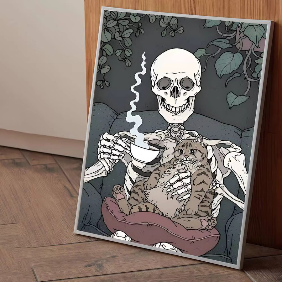 Wandkunst-Aufkleber mit Cartoon-Schädel-Katze Motiv in Mehrfarbig, Rechteckiges Halloween Poster aus Papier - Bild 5