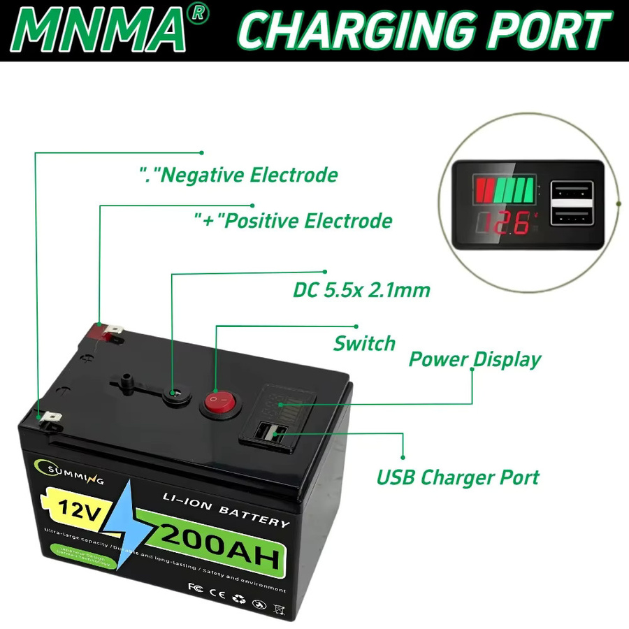 MNMA 12V 200Ah Lithium-Eisenphosphat-Batterie mit BMS in Schwarz für Notstromversorgung und Elektrorollstühle - Bild 2
