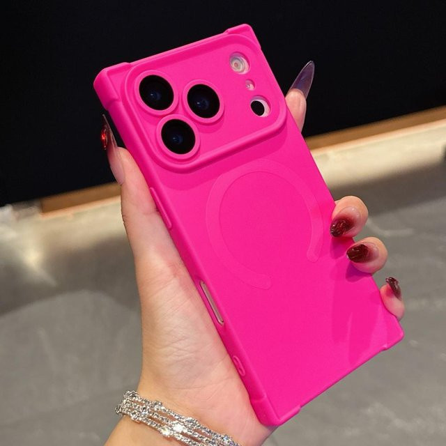 Silikon Schutzhülle mit Vier-Ecken-Rüstung für Apple iPhone 13 bis iPhone 17 Air Pro Max Plus in Pink mit kabellosem Lade-Support - Bild 1
