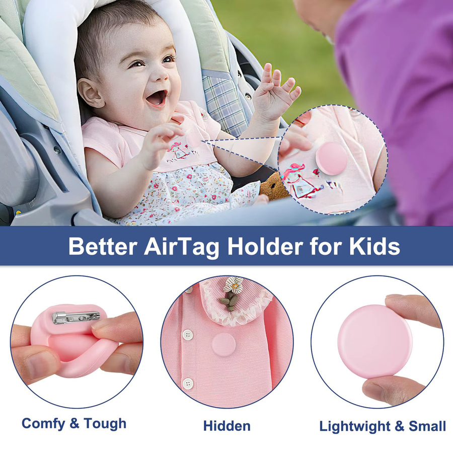 Apple Silikon AirTag Halter mit Sicherheitsnadeln in Pink für Kinder und Senioren als GPS Tracker Hülle für Kleidung, Schuhe oder Rucksäcke - Bild 2