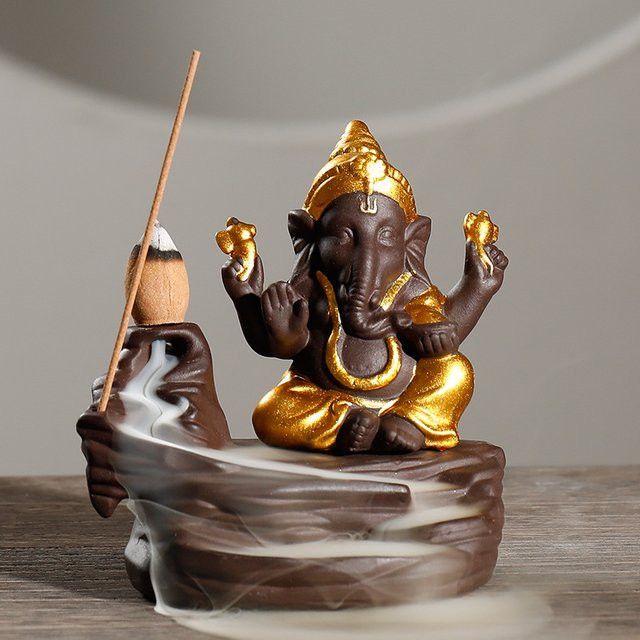 MINIDEAL Ganesha Räucherstäbchenhalter Elefant Desktop Ornament in Braun und Gold - Bild 1