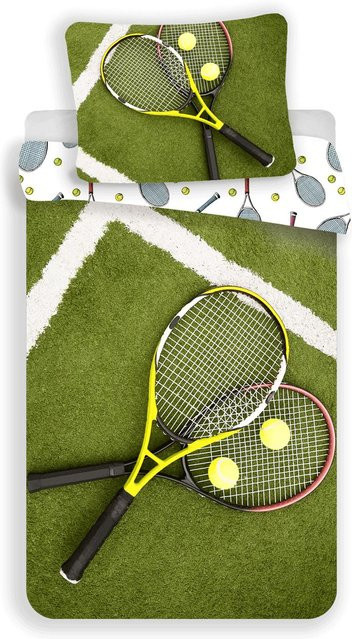 Sportliche Tennis Bettwäsche aus Baumwolle in Grün und Weiß mit Tennis-Motiv, Bettbezug B: 140 cm, H: 200 cm und Kissenbezug B: 70 cm, H: 90 cm - Bild 1