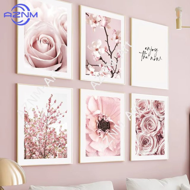 AZNM Leinwandgemälde mit floralem Motiv in Rosa: Kirschblüten, Rosen und Pfingstrosen als moderne Wandkunst für dein Wohnzimmer - Bild 1