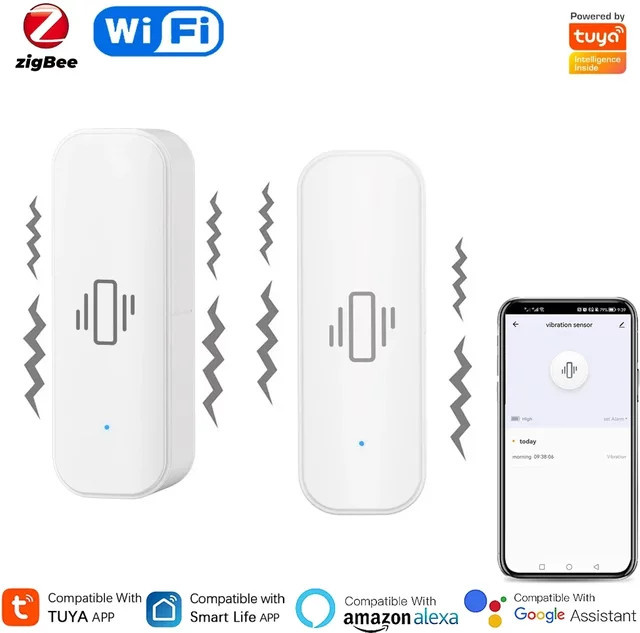 Tuya Smart Vibration Sensor WiFi/Zigbee zur Heimüberwachung mit Echtzeit-Alarm und App-Benachrichtigung in Weiß - Bild 1