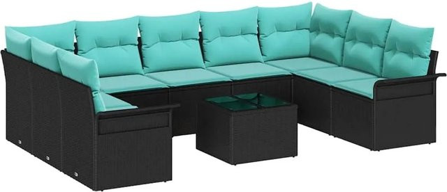 vidaXL Garten-Sofa-Set aus Poly Rattan in U-Form mit 10 Kissen in Schwarz und Türkis - Bild 1
