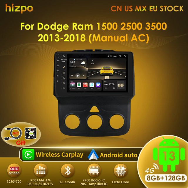 Hizpo Android Autoradio mit 9 Zoll Touchscreen für Dodge Ram 1500 2500 3500 (2013–2018), Navigation und Carplay, Schwarz - Bild 1