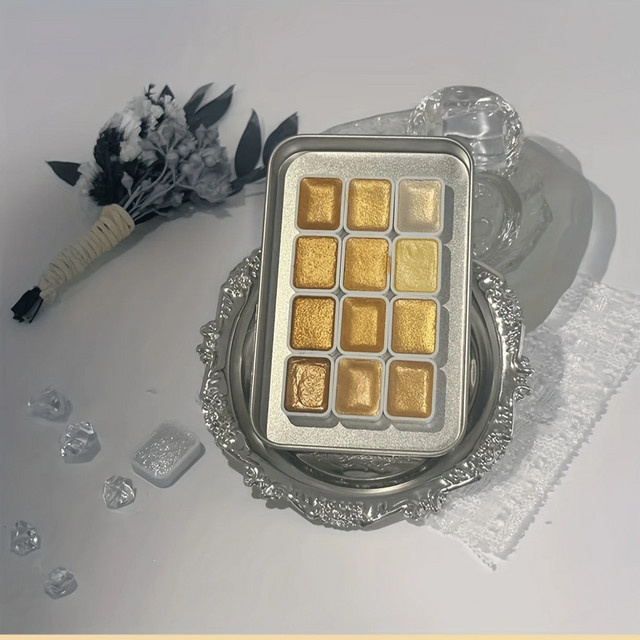 12er Set Glitzer-Aquarellfarben in Gold mit Metallbox für professionelle Malarbeiten - Bild 1