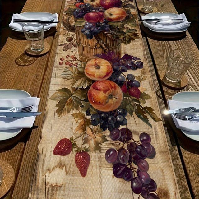 VIKAMA Tischläufer Herbsternte mit Apfel-Traube-Erdbeer-Korb-Muster für Esszimmer und Küche - Bild 1
