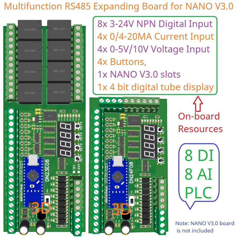 eletechsup 8AI-8DI-8DO Multifunktions-IO-Erweiterungsmodul für Arduino Nano V3.0 mit RS485 Modbus RTU Open PLC und LED Stromspannungssensor - Bild 2