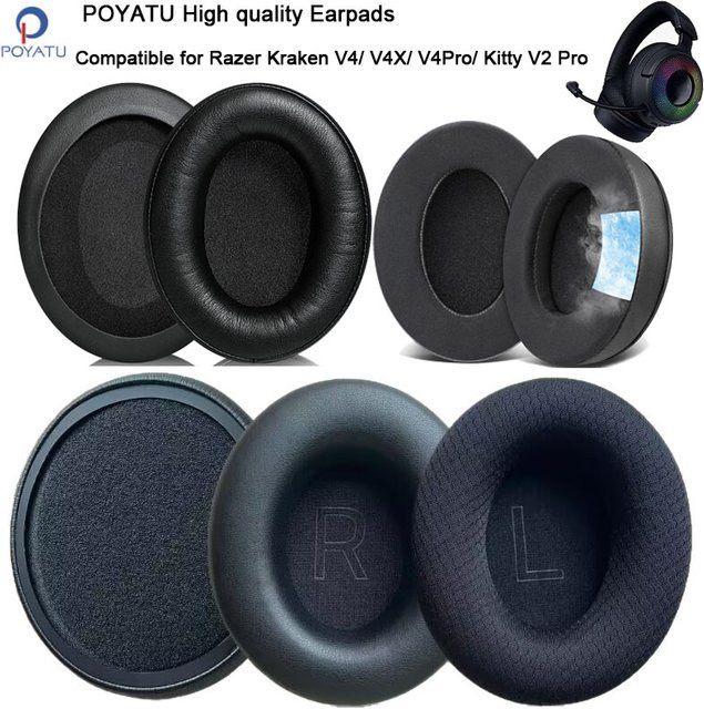 Poyatu Ersatz-Ohrpolster aus Memory-Schaum für Razer Kraken V4 V4X V4 Pro und Kitty V2 Pro in Schwarz - Bild 1