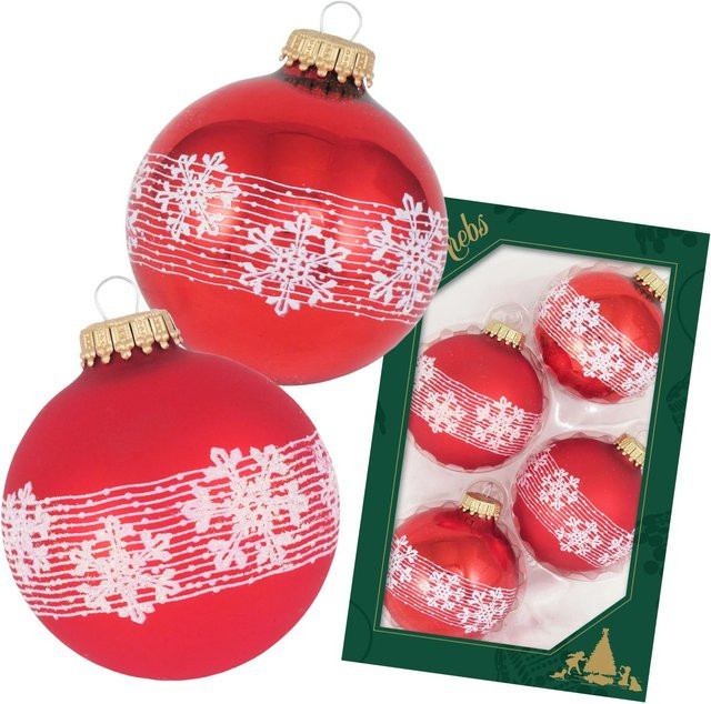 Krebs Glas Lauscha GmbH Christbaumkugeln Schneekristall aus Glas in Rot, 4 Stück, Durchmesser: 7 cm - Bild 1