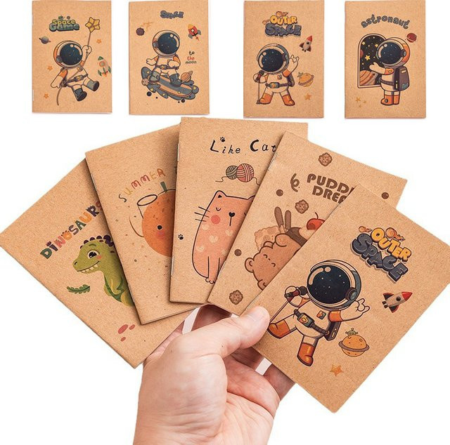10er-Pack Mini-Retro-Notizbücher aus Kraftpapier mit Weltraum-Cartoon-Motiven, 16 Blatt pro Heft, braun und mehrfarbig - Bild 1