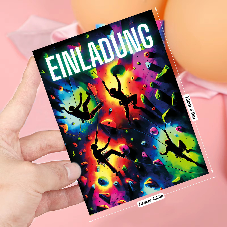 12 Stück Kletterparty-Einladungskarten mit Cartoon-Kletterer- und Neondesign in Multicolor aus Papier mit personalisierbarem deutschen Text - Bild 4