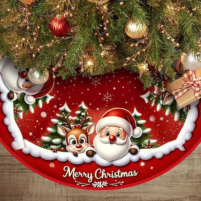 VIKAMA Weihnachtsbaum Rock mit Weihnachtsmann und Rentier in Rot mit Schneeflocken und Stechpalme - Bild 1