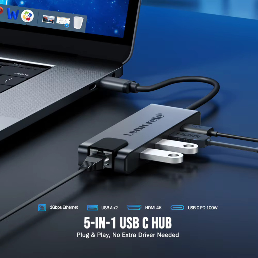 Lemorele 5 Port USB C Dockingstation mit HDMI 4K, Gigabit Ethernet RJ45 und USB A für PC und Laptop - Bild 2