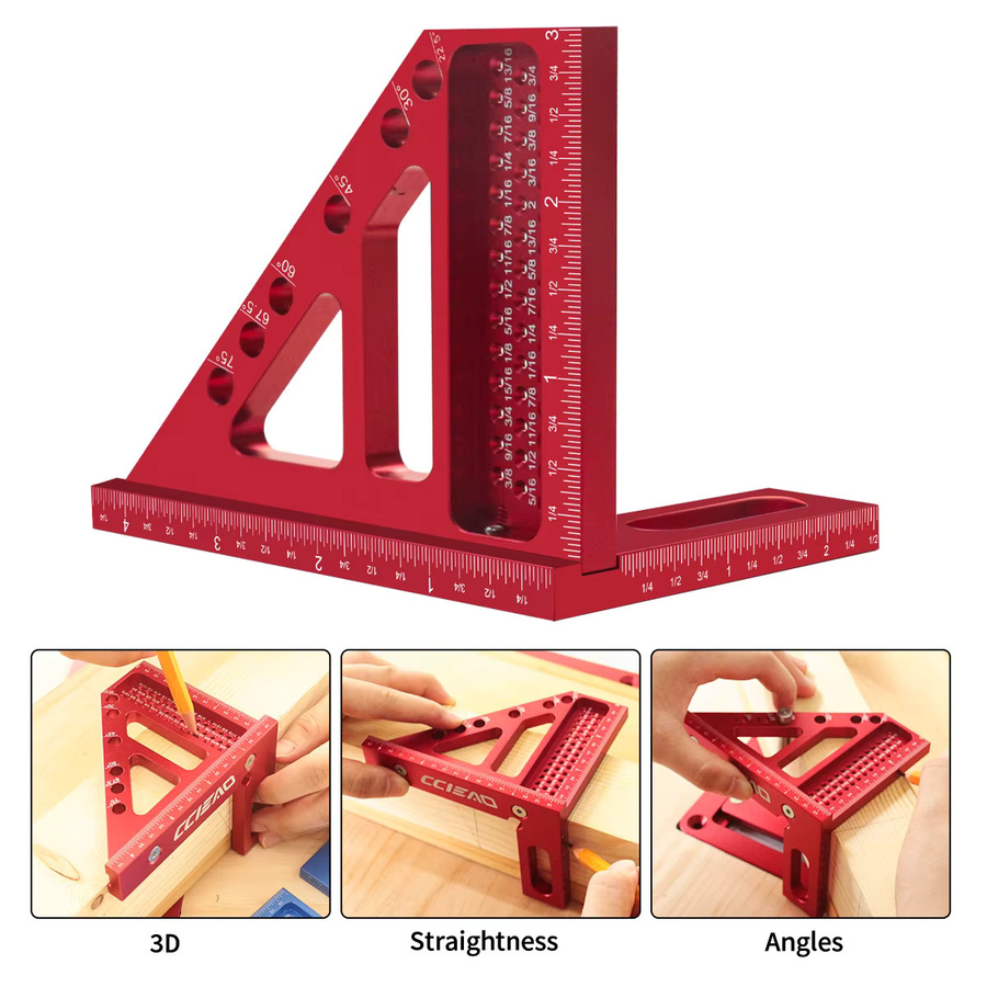 FNICEL Imperial 3D-Mehrwinkel-Messlineal aus Aluminiumlegierung in Rot für Holzbearbeitung und Ingenieurwesen - Bild 5