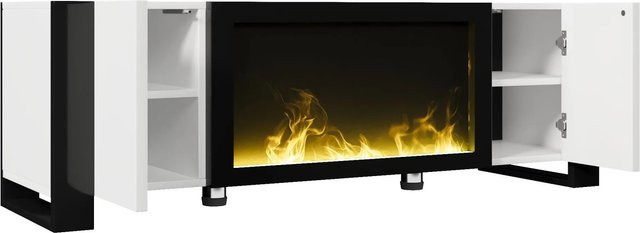 okwish TV Schrank mit elektrischem Kamin und Flammeneffekt in Hochglanz Weiß und Schwarz, B/T/H: 165 x 55 x 32 cm - Bild 1