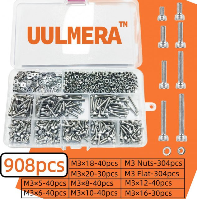 UULMERA 908-teiliges M3 Set aus 304 Edelstahl mit Innensechskantschrauben, Bolzen und Muttern in Silber - Bild 1