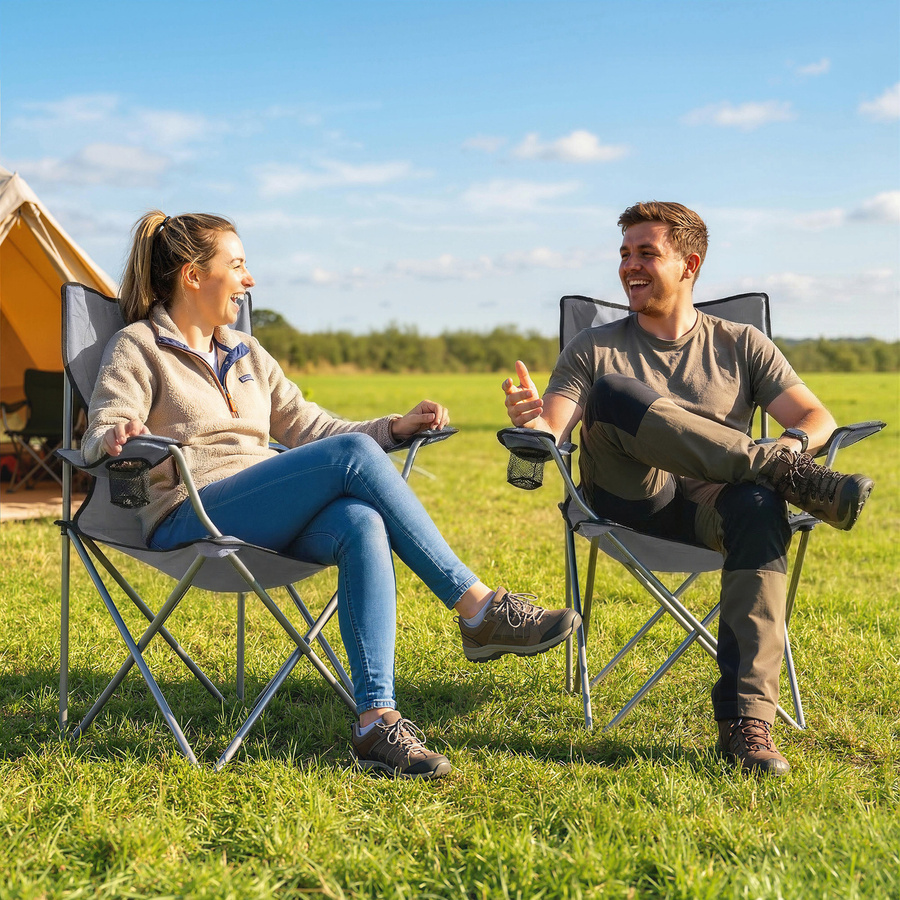 Outsunny 2er-Set Campingstühle mit hoher Rückenlehne und Getränkehalter in Grau, klappbare Outdoor-Stühle aus Metall und Oxford-Gewebe mit Transporttaschen - Bild 2