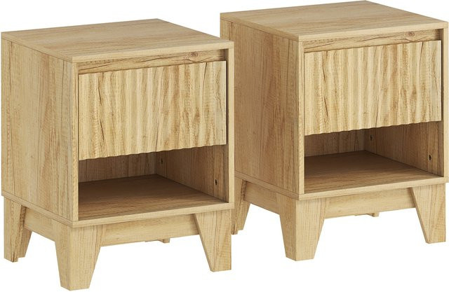 HOMCOM Set aus 2 schmalen Nachttischen in Naturholz mit offenem Fach und 1 Schublade, Beistelltische mit gerillten Paneelen für Schlafzimmer und Wohnzimmer, Beige/Braun - Bild 1