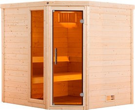 WEKA Massivholzsauna Turku 2 für 6 Personen in Braun inklusive 9 kW Ofen mit externer Steuerung und Sparset mit Glasfenster und Glastür - Bild 1